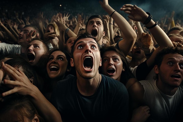 Группа людей с открытым ртом, кричащих на концерте.