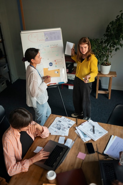 group of people working on a business plan together in an office