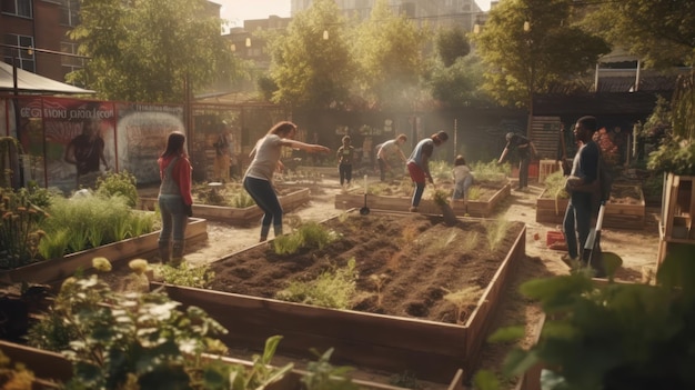 A group of people working in a community garden