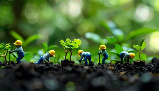 Foto un gruppo di persone che lavorano in un giardino con un albero che ne cresce