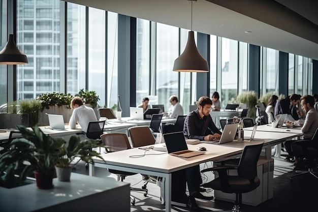 a group of people working in a large office with a large window behind them