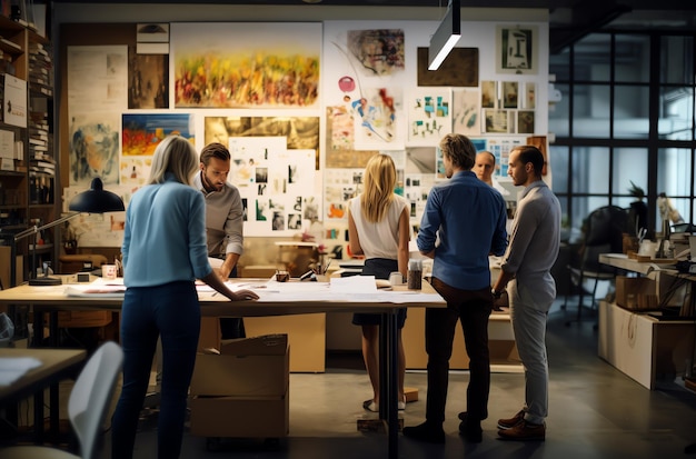 a group of people working in the office with a economic bulletin board in the background