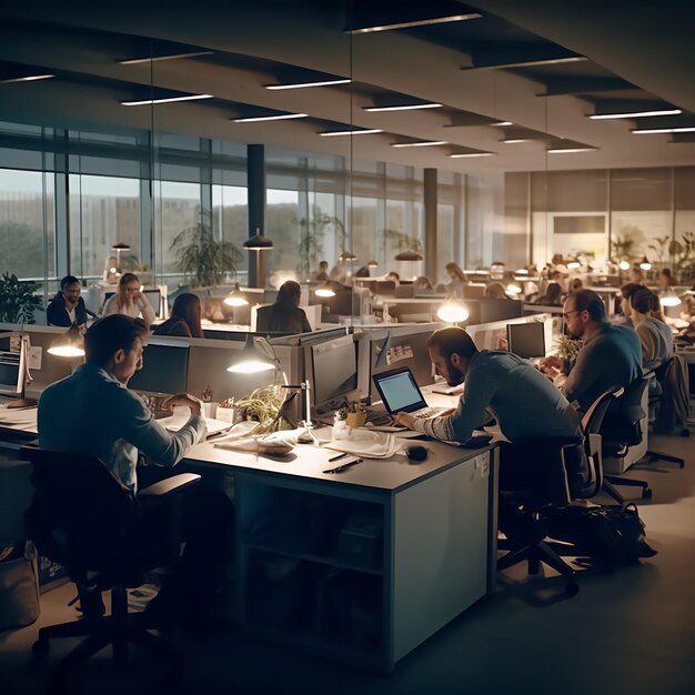 a group of people working in office