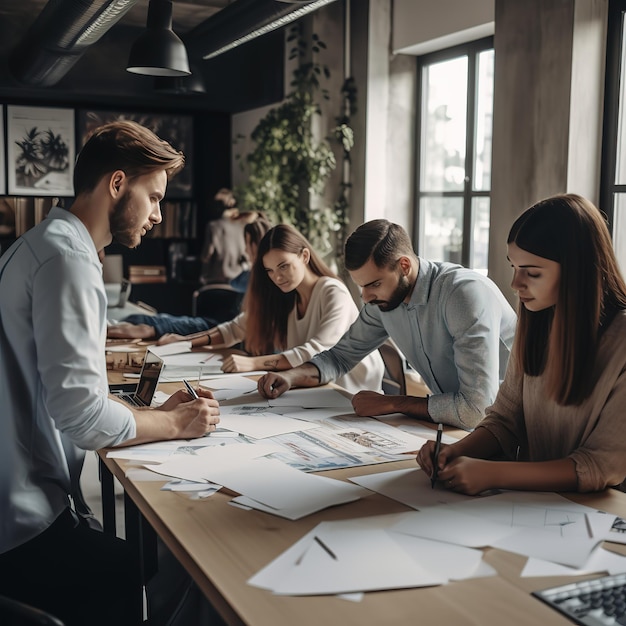 group of people working out business plan in an office