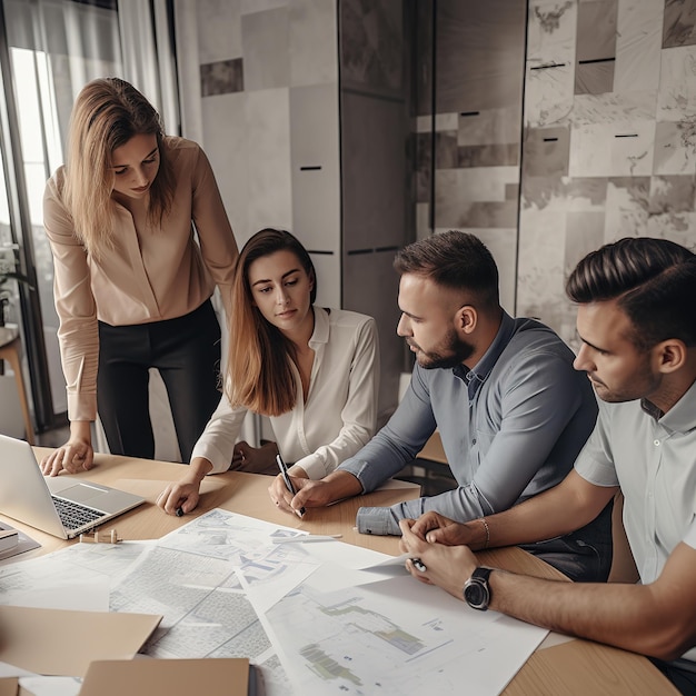 group of people working out business plan in an office