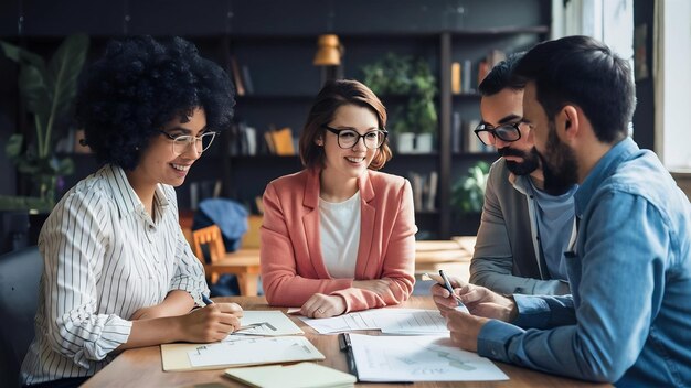 Group of people working out business plan in an office