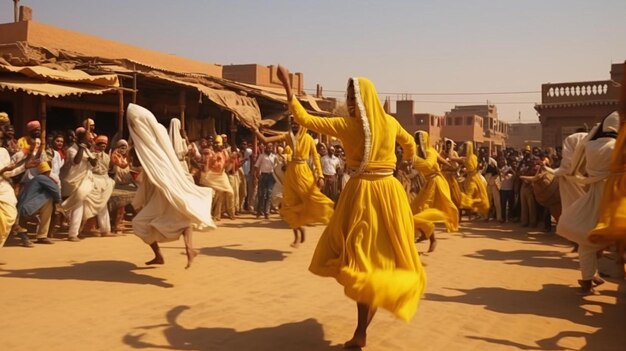 a group of people in yellow dresses are dancing in the dirt