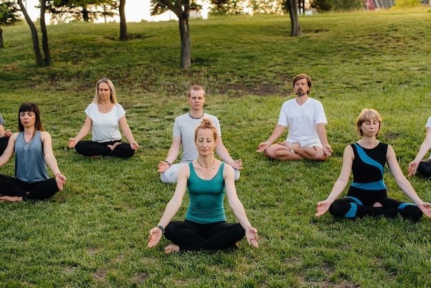 A group of people do yoga in the Park at sunset. Healthy lifestyle, meditation and Wellness.