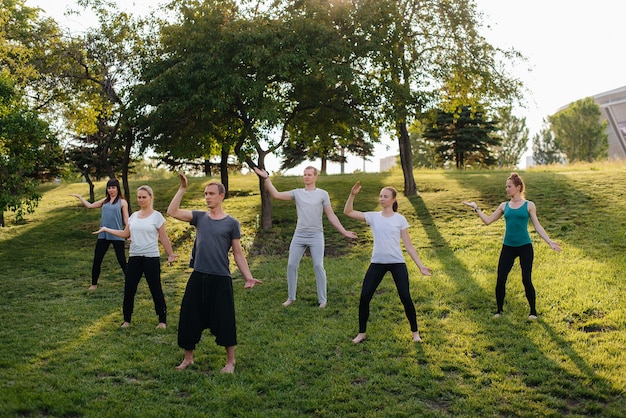 Photo a group of people do yoga in the park at sunset. healthy lifestyle, meditation and wellness.