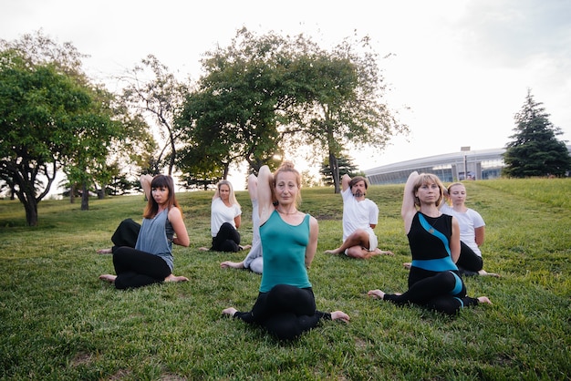 Un gruppo di persone fa yoga nel parco al tramonto. stile di vita sano, meditazione e benessere.