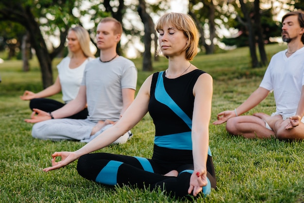 A group of people do yoga in the Park at sunset. Healthy lifestyle, meditation and Wellness.