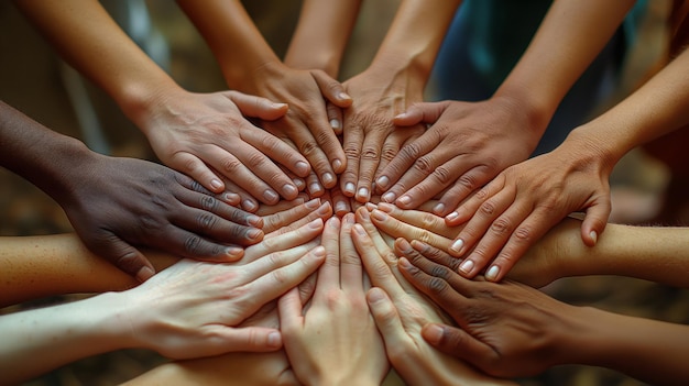 Photo group of peoples hands stacked together