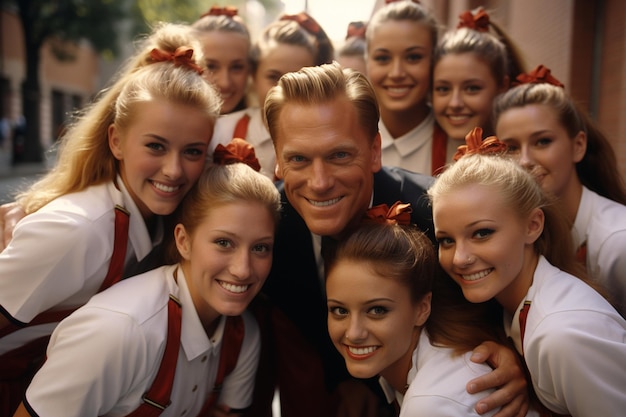 group photo of cheerleaders with their coach