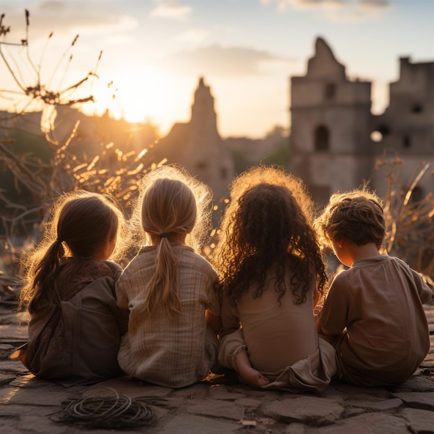 Group photo of children's friends sitting hand in hand