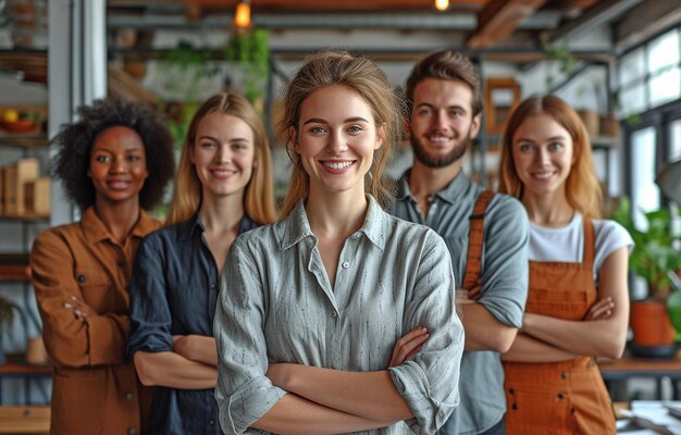 Foto gruppo di foto di vari uomini d'affari casuali che sorridono alla telecamera mentre sono in piedi in un ufficio