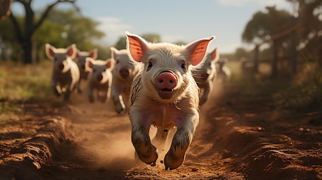 한 무리의 새끼 돼지들이 들판을 달리고 있다