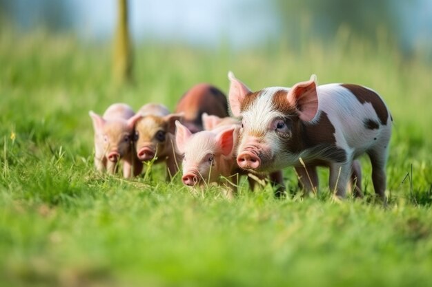 Photo group of piglets feeding from their mother on a green field