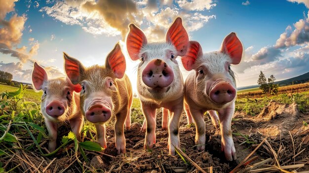 Foto un gruppo di maiali è in piedi su un campo verde lussureggiante