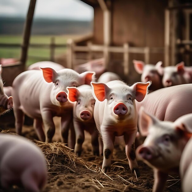 Photo a group of pigs are standing in a pen with hay on the ground