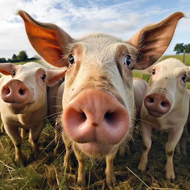 Группа свиней на ферме летом крупным планом