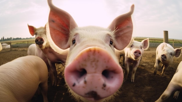 Group of pigs in farm yard generative ai