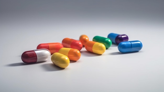 A group of pills are laying on a table.