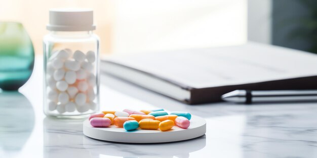 Photo a group of pills on a white plate