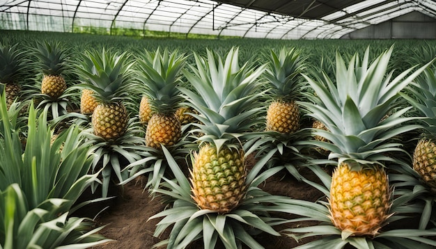 Photo a group of pineapples are lined up in a greenhouse