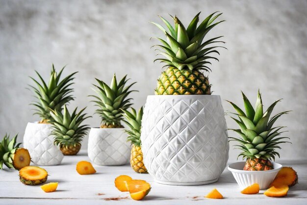 Photo a group of pineapples are lined up on a table with cups of oranges