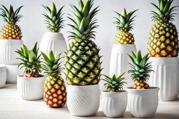 a group of pineapples are lined up in white bowls