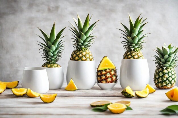 a group of pineapples are on a table with orange slices