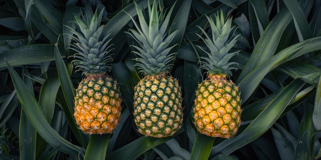 Group of Pineapples on Green Leaves