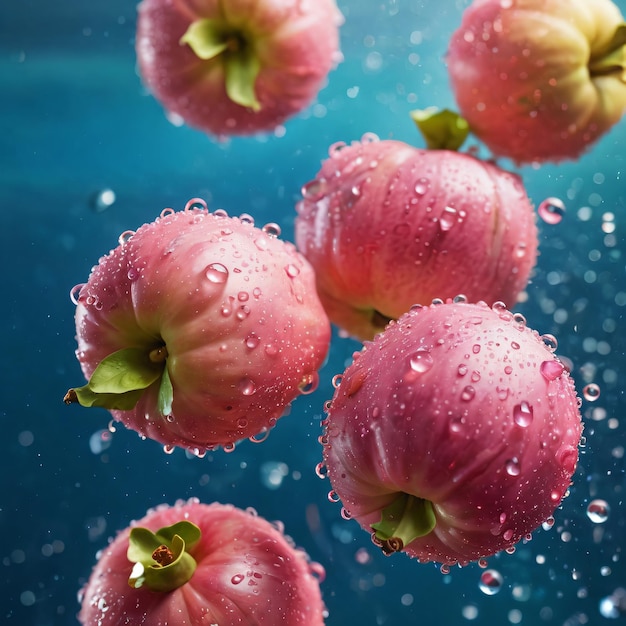 a group of pink apples floating in the water with bubbles on them and green leaves on the top of the