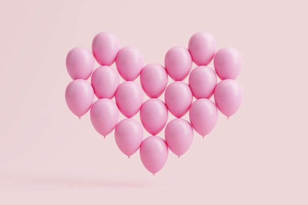 A group of pink balloons in the shape of heart on a pink background 3D render illustration