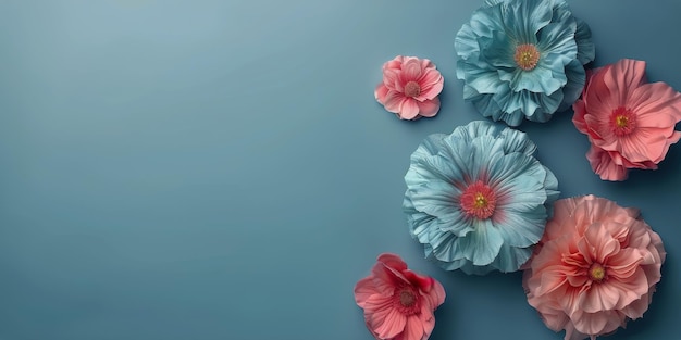 파란색 배경 에 있는 분홍색 과 파란색 꽃 들