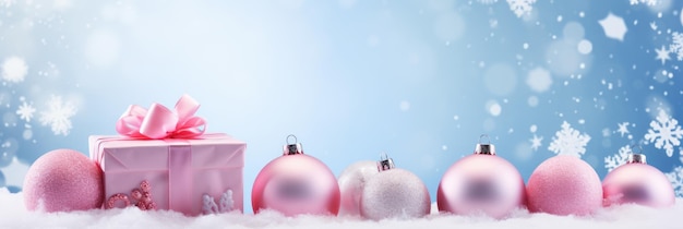 A group of pink christmas ornaments sitting in the snow Digital image