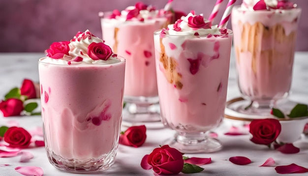 a group of pink desserts with flowers in them are on a table