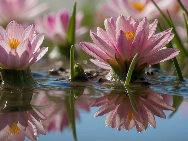 a group of pink flowers floating in a pond of water with grass