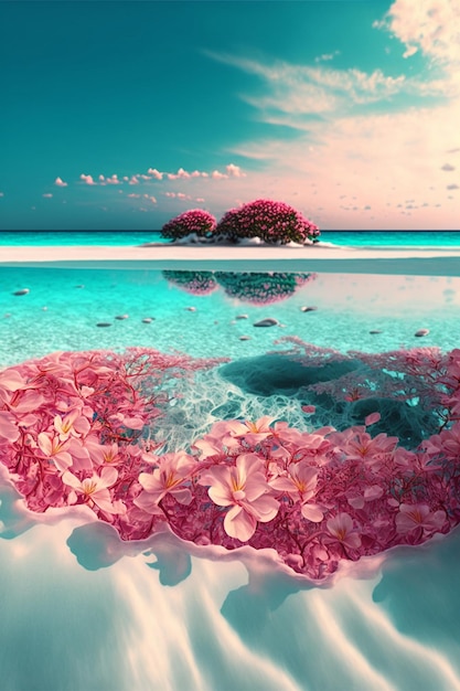 Group of pink flowers floating on top of a body of water generative ai