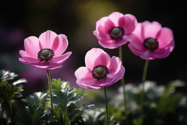 A group of pink flowers in a garden generative AI