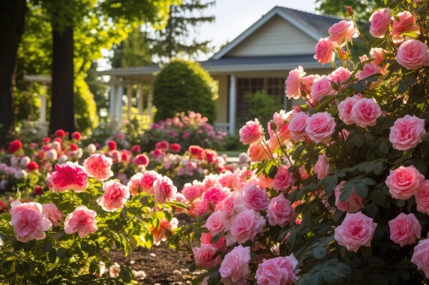 группа розовых цветов в саду