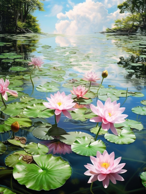 a group of pink flowers on a pond