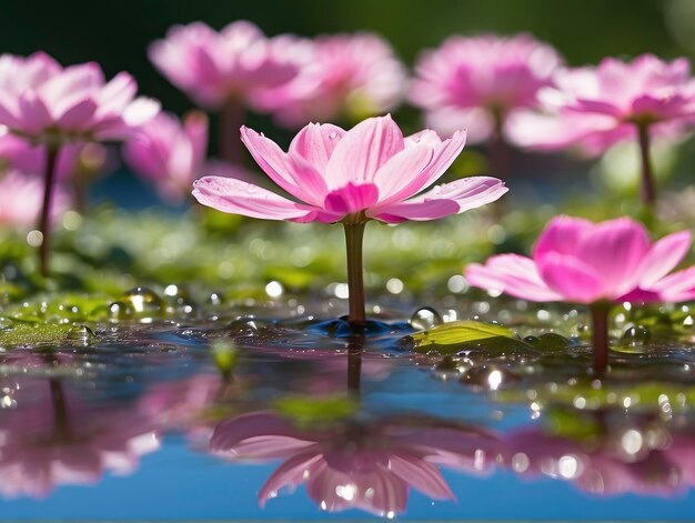 a group of pink flowers sitting on top of a pond of water