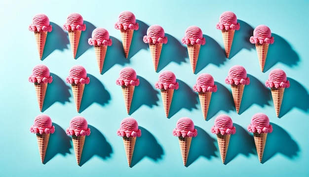 Group of pink ice cream cones on blue surface