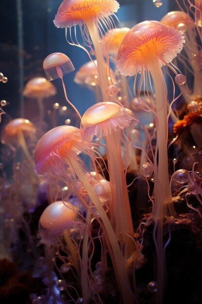 a group of pink jellyfish