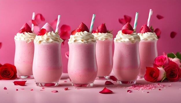 a group of pink milkshake cups with strawberries and strawberries in them