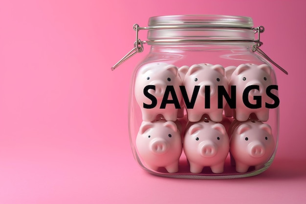 Group of pink piggy banks in a glass jar on pink Personal savings and financial investment money storage money boxes Finance and saving for different purposes Financial literacy family wealth