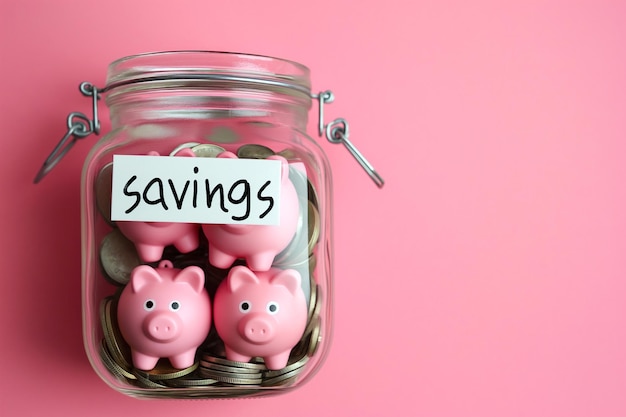 Group of pink piggy banks in a glass jar on pink Personal savings and financial investment money storage money boxes Finance and saving for different purposes Financial literacy family wealth