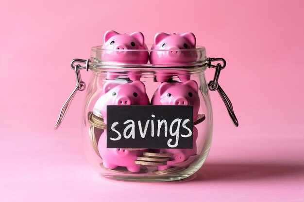 Photo a group of pink piggybanks inside a big transparent glass