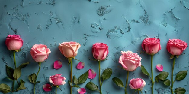 青い背景のピンクのバラの群れ